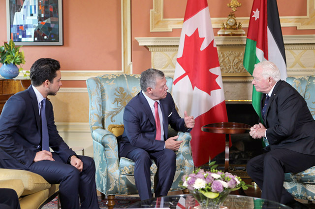 His Majesty King Abdullah meets with Governor General of Canada David Johnston in Ottawa on Monday (Photo courtesy of Royal Court)